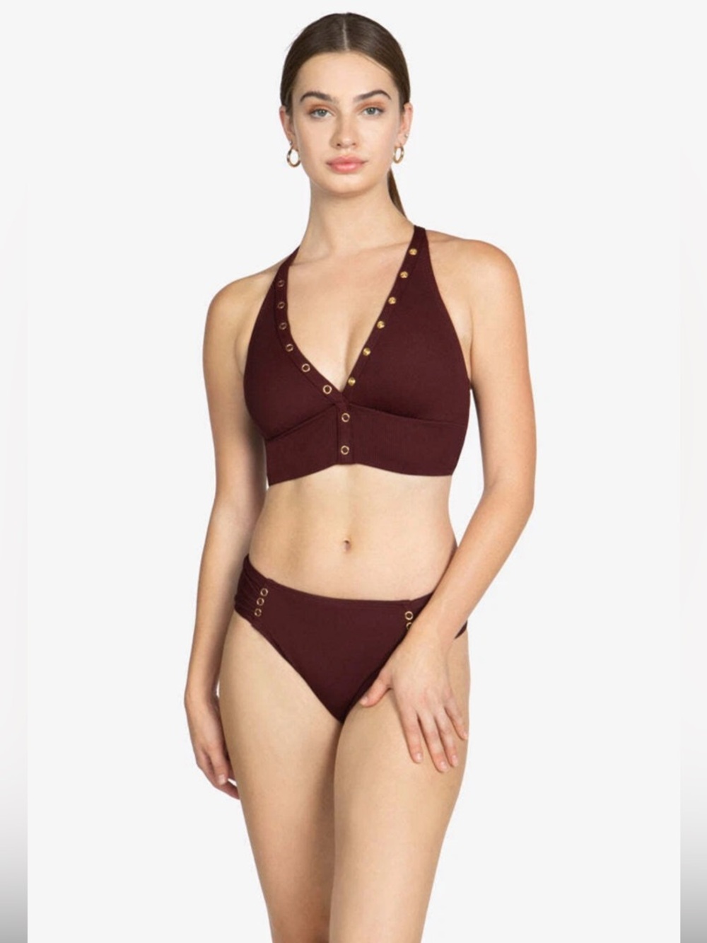 Robin Piccone Swimsuits Brown AMY TAB SIDE BIKINI Top & BOTTOM Set Size L